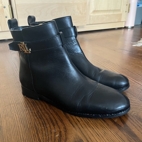 Lauren by Ralph Lauren Briele Burnished Leather Bootie in Black and Gold - Picture 1 of 7